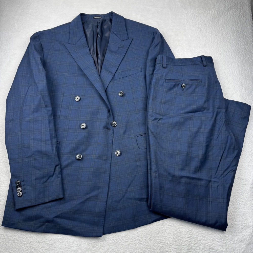 JOE Joseph Abboud Mens Suit 46R 36x30 Blue Plaid Double Breasted Slim Stretch